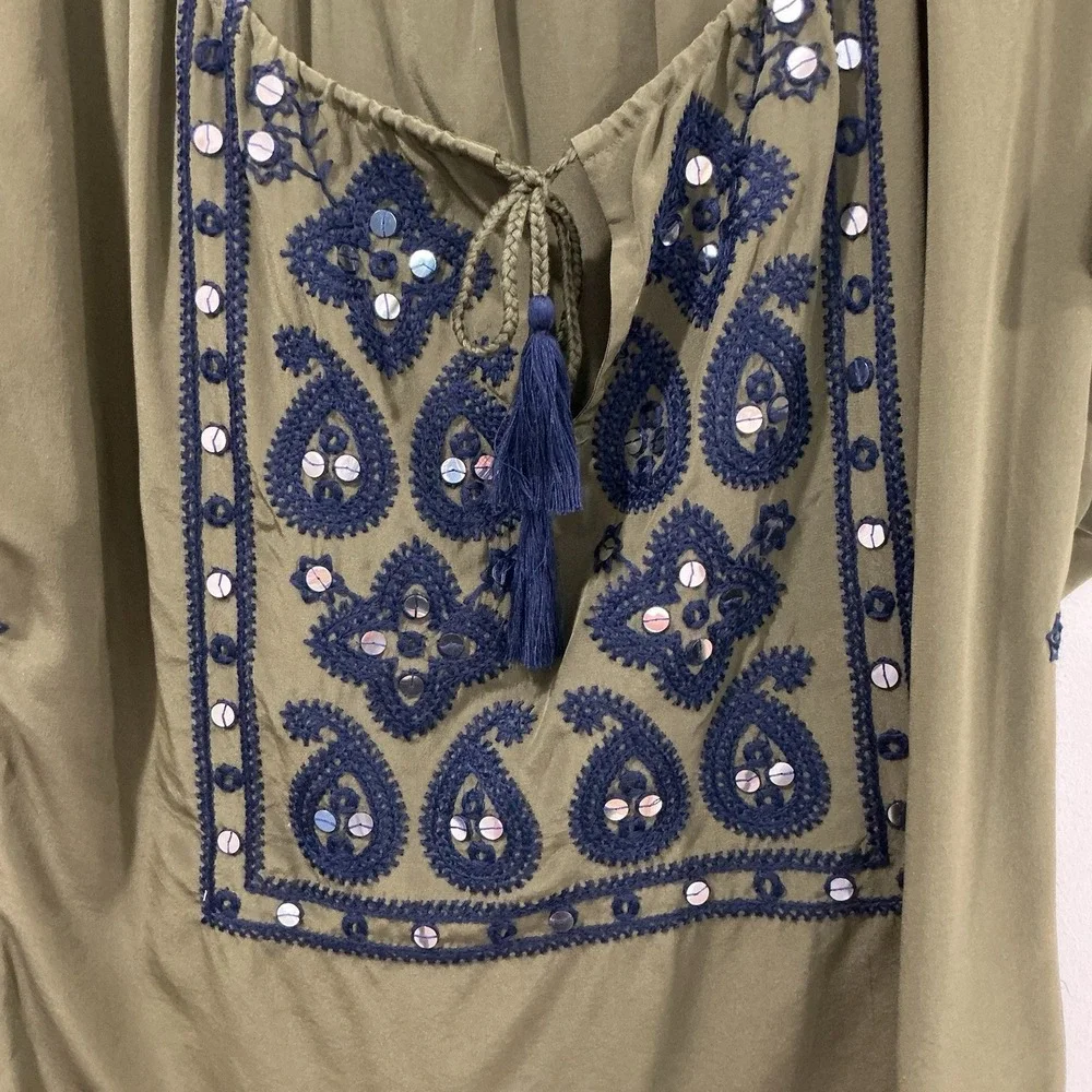 Tory Burch SILK Peasant Blouse Camille Olive Green Embroidered Women Size 4 Boho